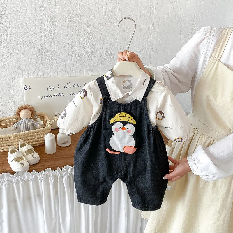 【セット】ペンギン総柄シャツデニムサロペットロンパースセット