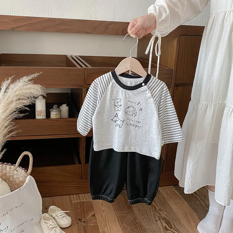 【セット】リトルミュージックストライプラグラン長袖Tシャツデニム上下セット