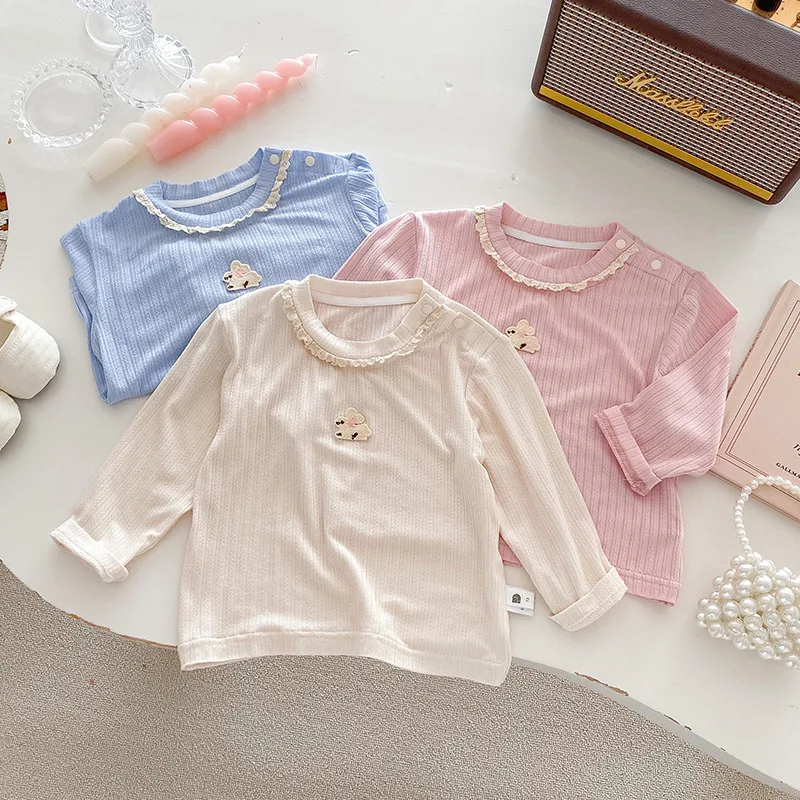 【BABY】うさぎワッペンフリル襟長袖Tシャツ