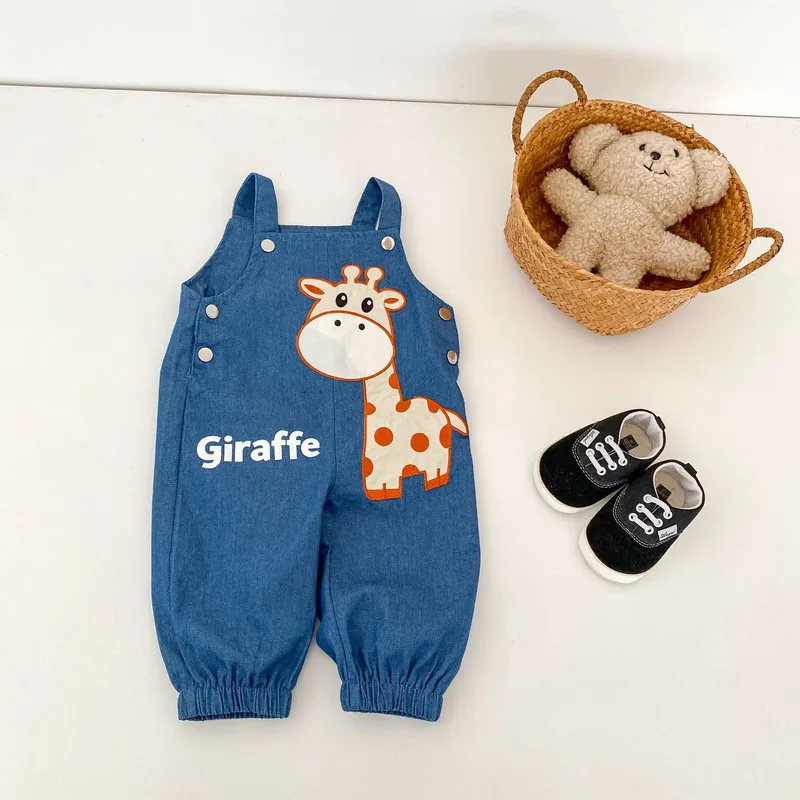 【BABY】きりん刺繍デニムサロペットロングパンツ