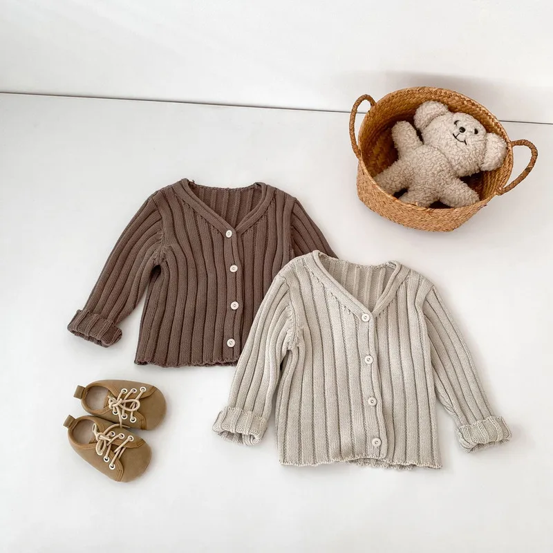【BABY】シンプルVネックリブニット長袖カーディガン