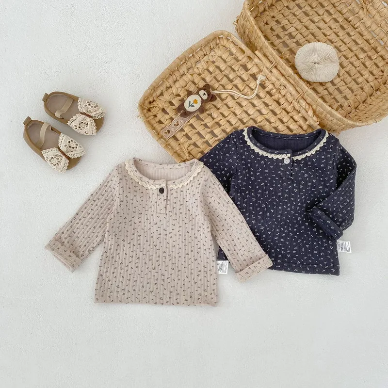 【BABY】小花柄襟レースリブ長袖Tシャツ