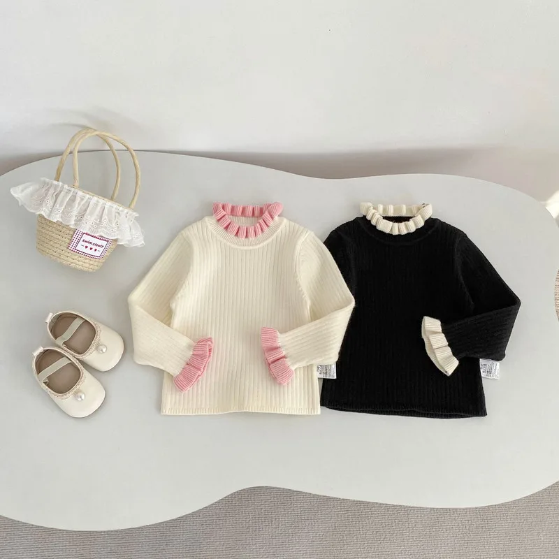 【BABY】フリルハイネック長袖リブニットトップス