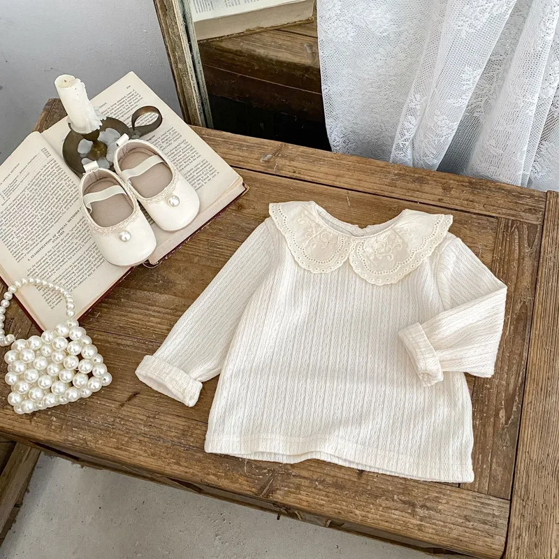 【BABY】刺繍レースフリル襟リブニット長袖Tシャツ