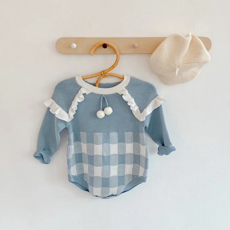 【BABY】ブルーチェックフリル切り替え長袖ロンパース