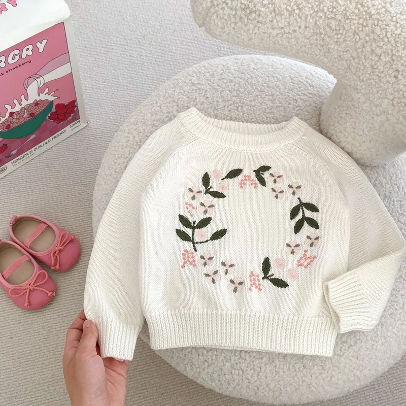 【BABY】フラワー刺繍ラウンドネックニットトップス