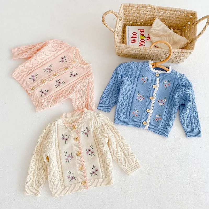 【BABY】フラワー刺繍ケーブルニットカーディガン