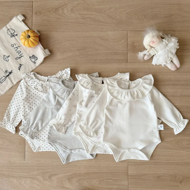 【BABY】フリル襟長袖花柄ドット柄ベビーロンパース