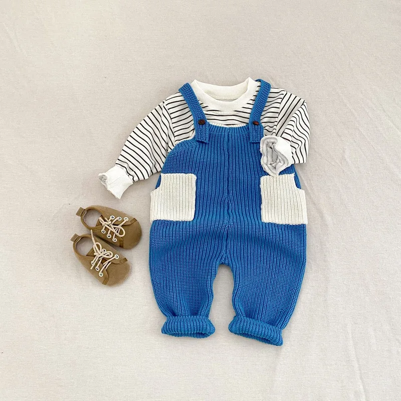 【BABY】ブルーダブルポケットニットサロペットパンツ