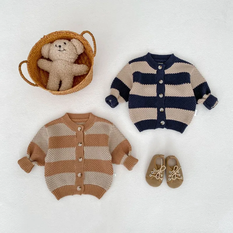 【BABY】コットンストライプ長袖ニットカーディガン
