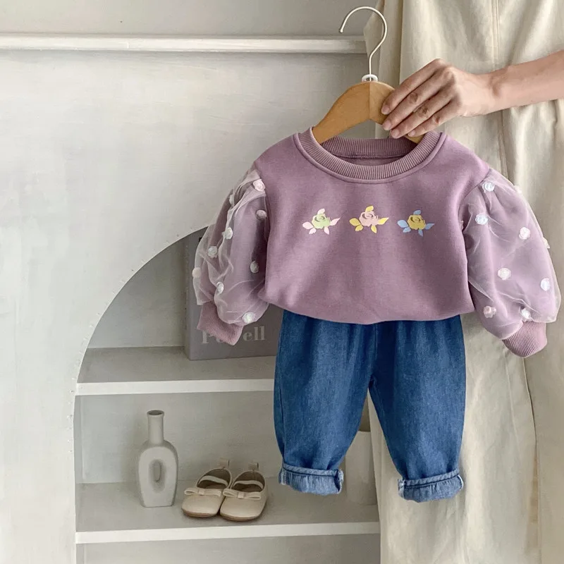【BABY】フラワー刺繍チュール袖裏起毛トレーナー