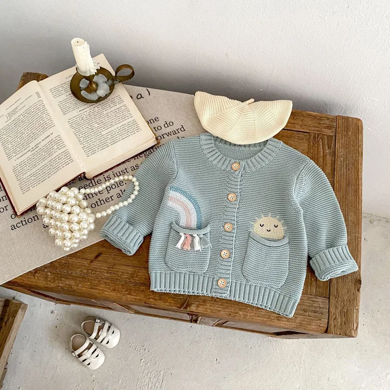 【BABY】レインボーサン刺繍コットンニットカーディガン