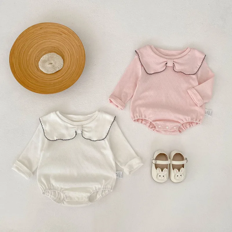 【BABY】スカラップリボン襟ポインテール長袖ロンパース