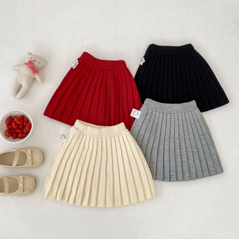 【BABY】シンプル無地Aラインプリーツニットスカート