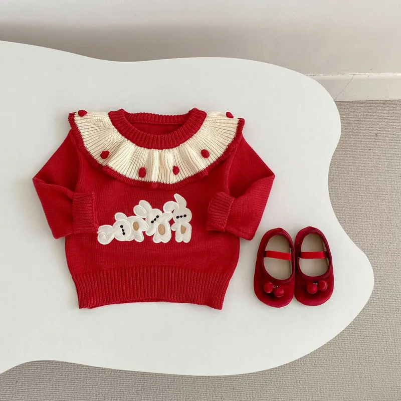 【BABY】ラビット刺繍フリルカラーニットセーター