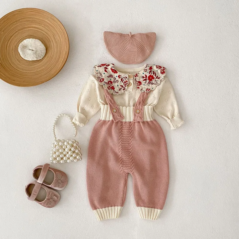 【BABY】パールピンク配色ニットサロペットパンツ