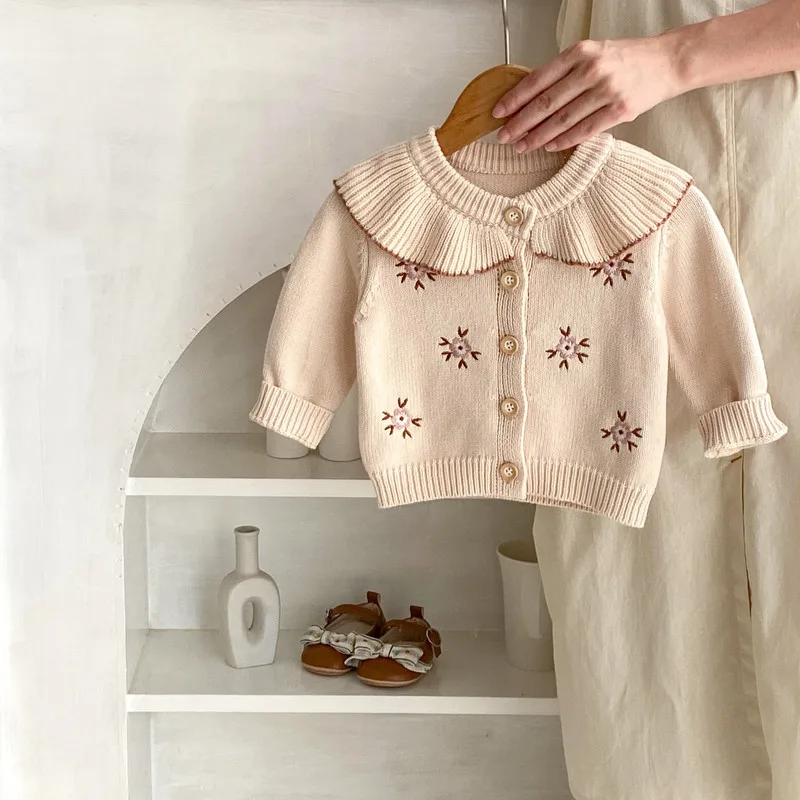 【BABY】フラワー刺繍ビックカラーニットカーディガン