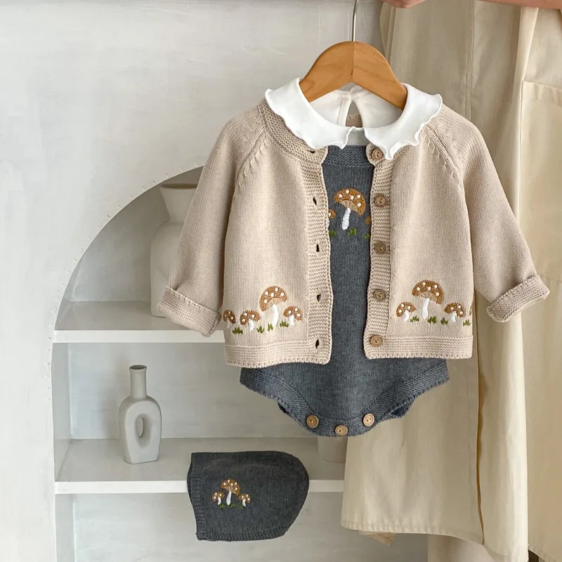 【BABY】きのこ刺繍長袖コットンニットカーディガン