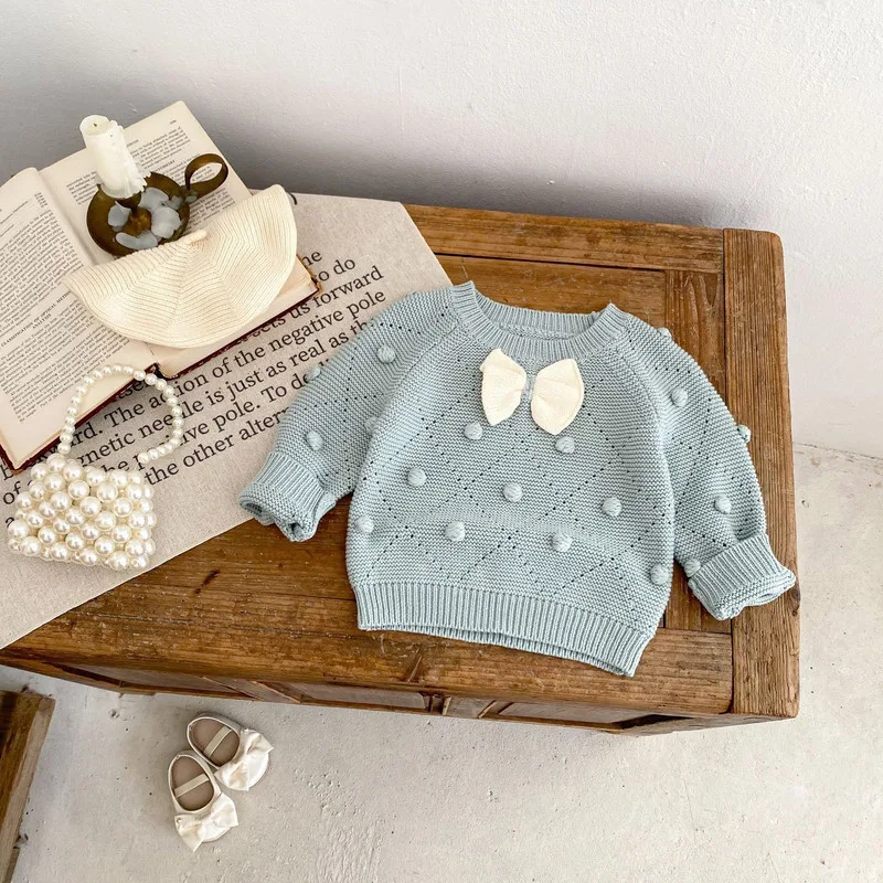 【BABY】リボンポンポンデザイン長袖ニットTシャツ