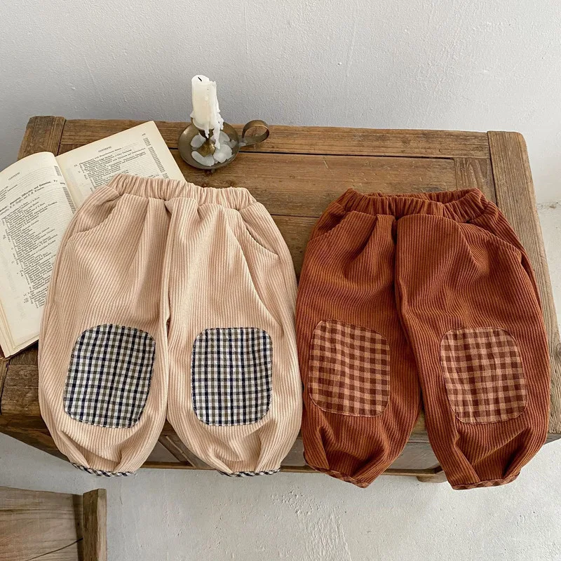 【BABY】チェックパッチコーデュロイロングパンツ