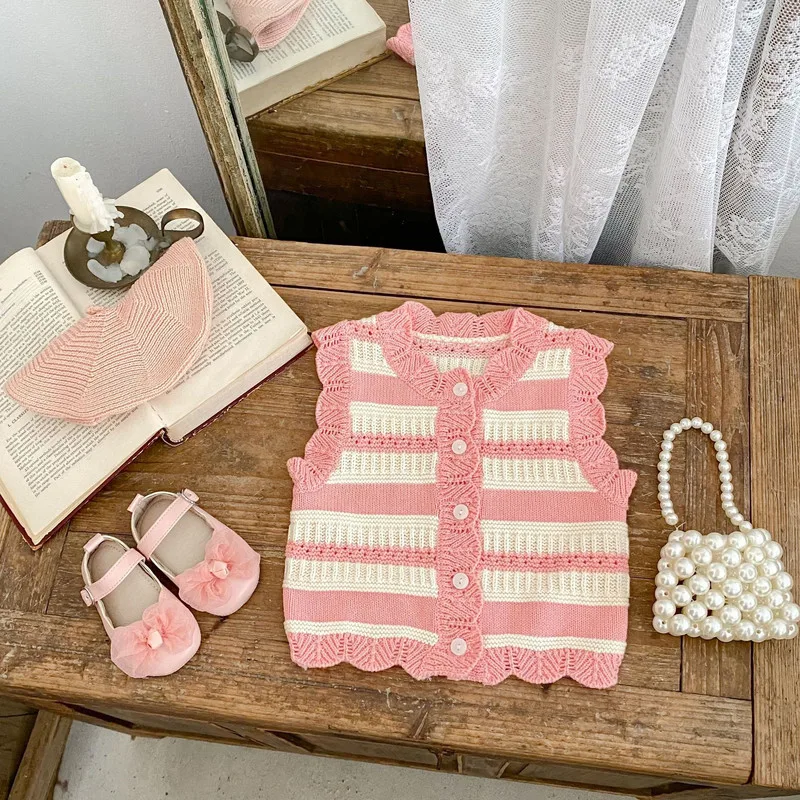 【BABY】ピンクストライプフリルニット前開きベスト