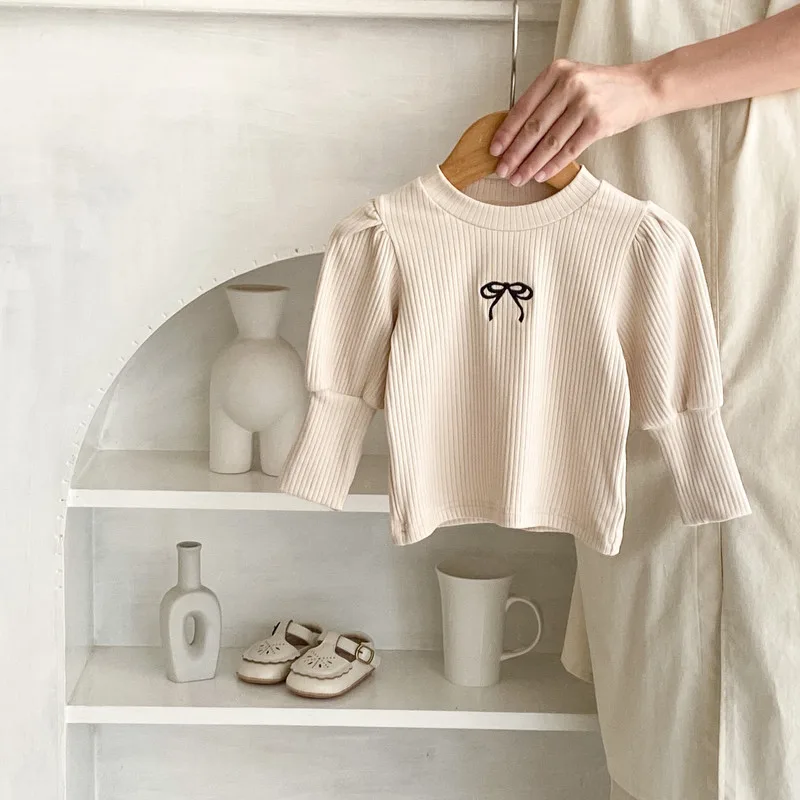 【BABY】リボン刺繍リブパフスリーブ長袖Tシャツ