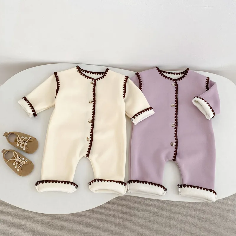 【BABY】チョコパイピングスカラップ裏起毛ロンパース