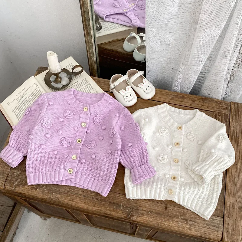 【BABY】フラワーモチーフポンポンニットカーディガン