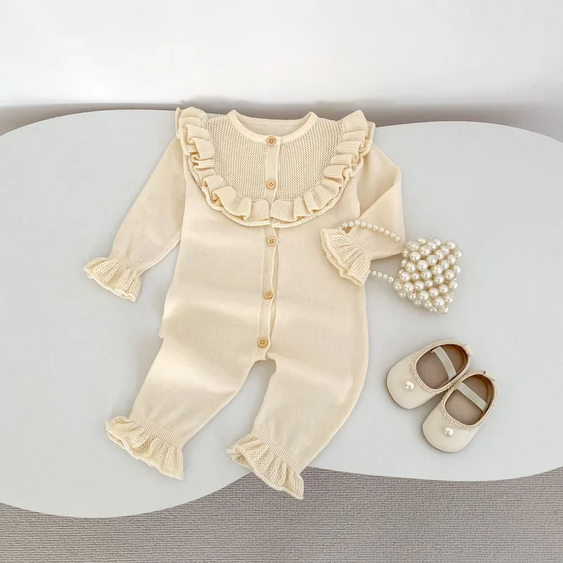 【BABY】ラウンドネックフリルニットロンパース