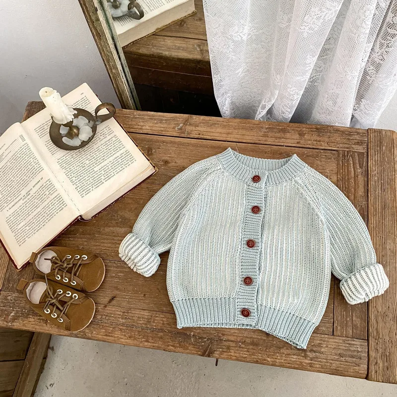 【BABY】スカイバイカラーラウンドネックニットカーディガン