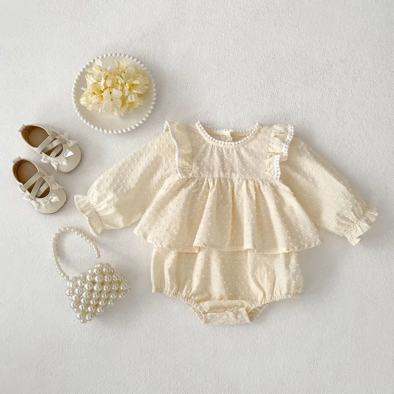 【BABY】レモンミルクドットフリル長袖ロンパース