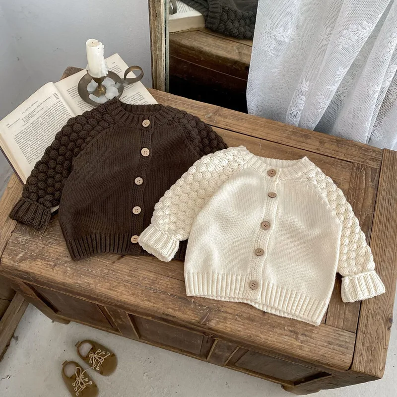 【BABY】ぽこぽこ袖ピーナッツブレッドニットカーディガン