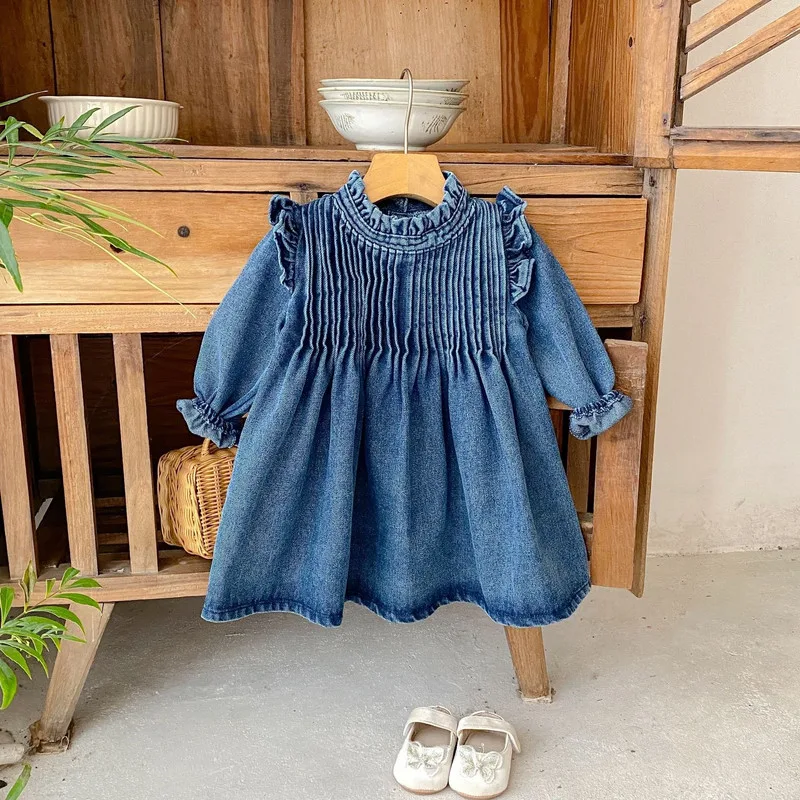 【BABY】ピンタックフリル長袖デニムワンピース