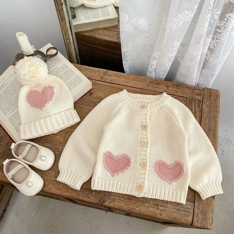 【BABY】ハートモチーフ長袖ニットカーディガン