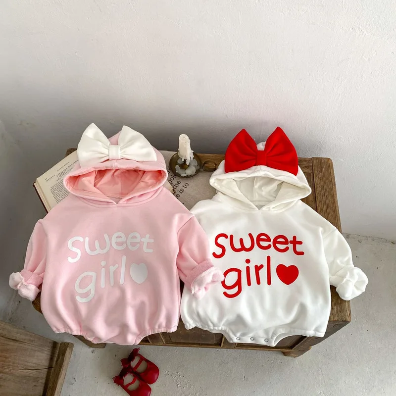 【BABY】スウィートガールビッグリボンフードロンパース