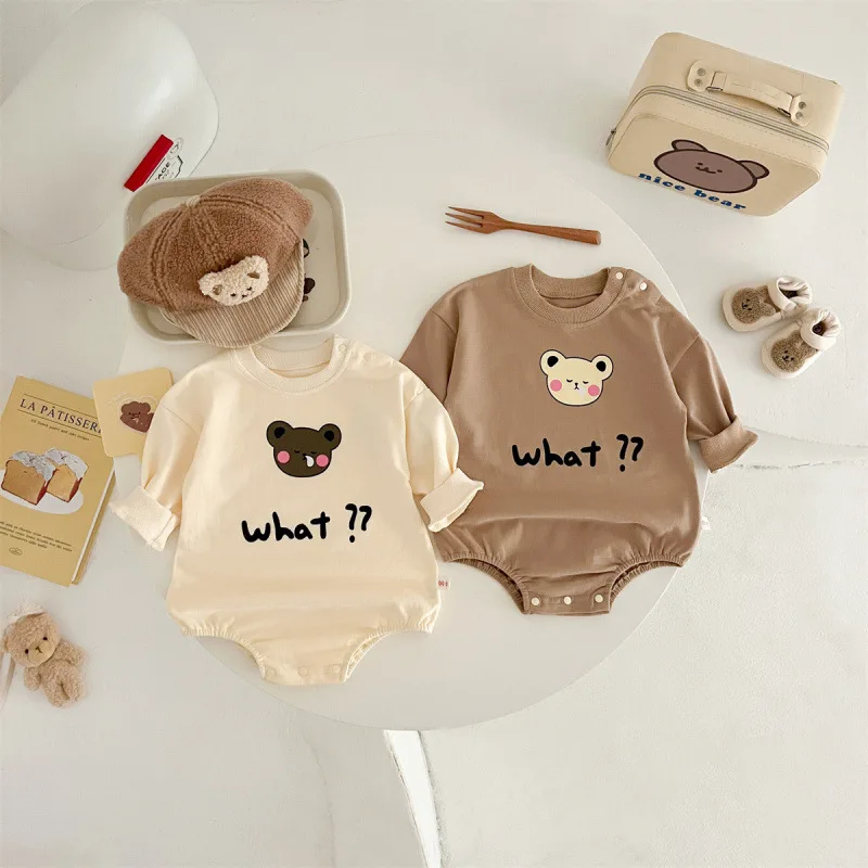 【BABY】くまフェイス英字プリント長袖ロンパース
