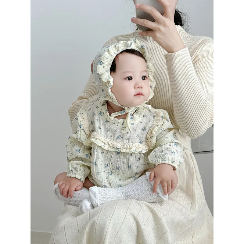 【BABY】ブルーフラワー柄フリルレース長袖ロンパース