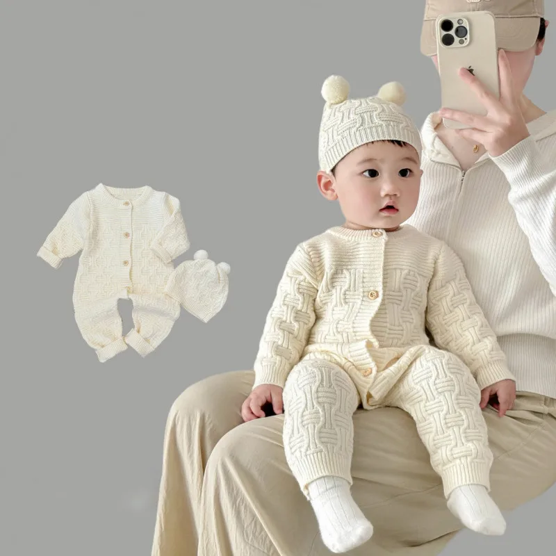 【BABY】フロントボタン長袖ニットロンパース
