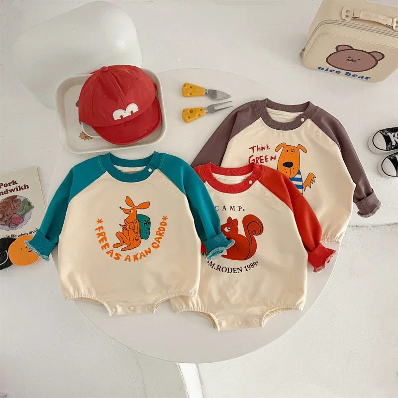 【BABY】アニマルプリント配色ラグランロンパース