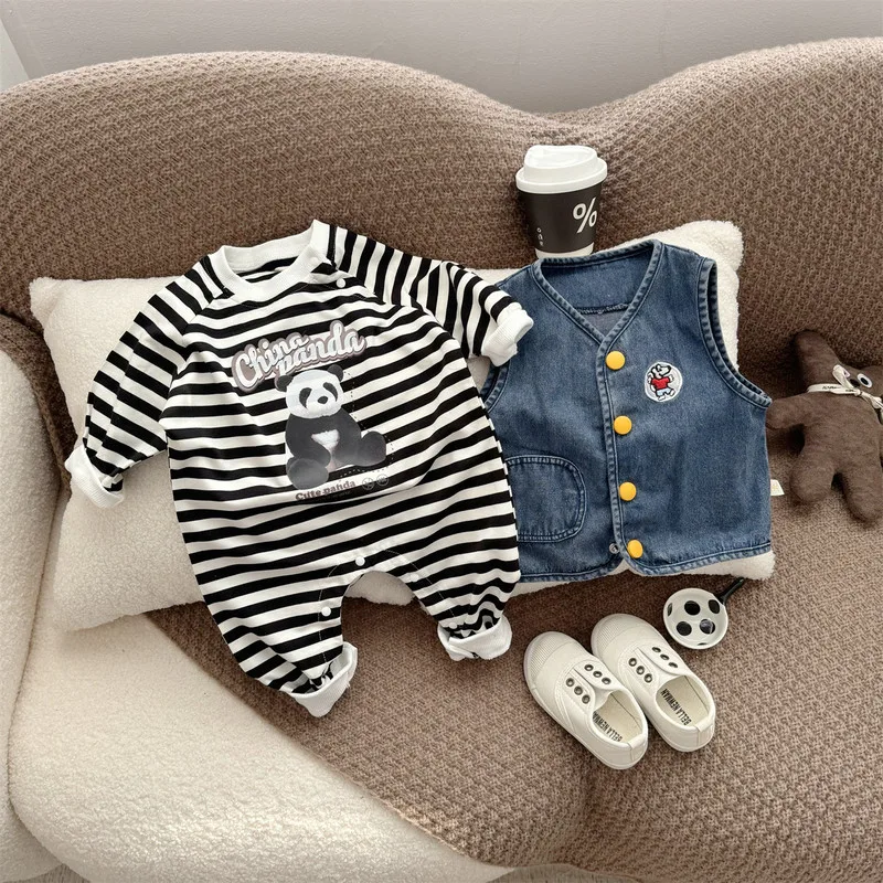 【BABY】パンダストライプ長袖ロンパース