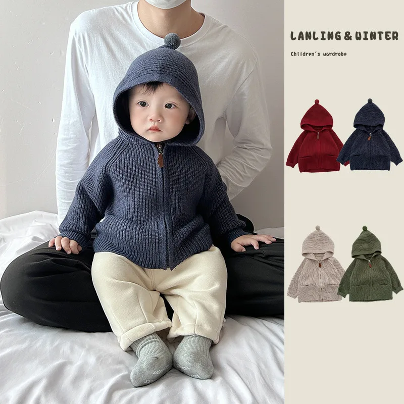 【BABY】シンプルニットフードジップアップアウター