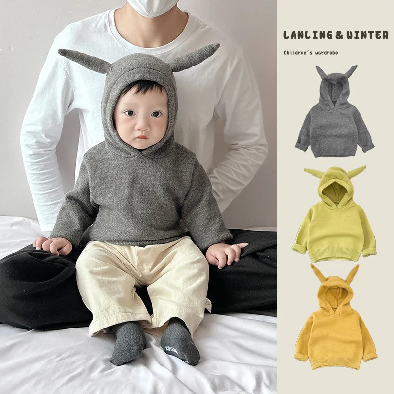 【BABY】ツノ付きフード無地長袖ニットパーカー
