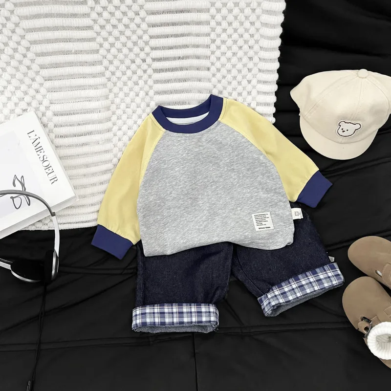 【BABY】チェック切替ロールアップデニムロングパンツ