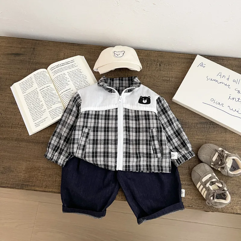 【BABY】くまチェック切り替えジップアップジャケット