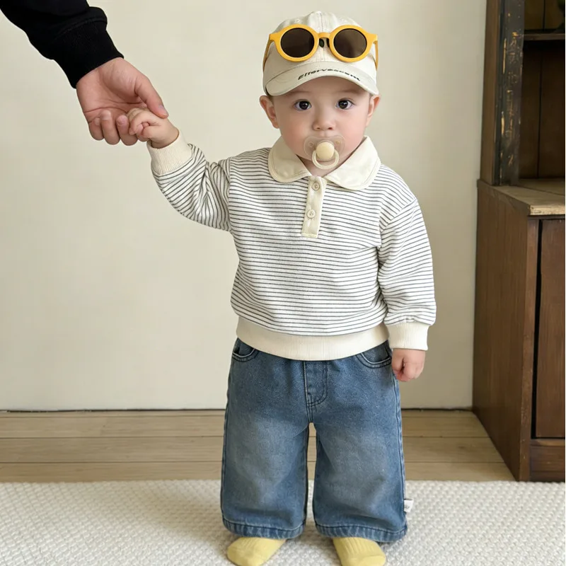 【BABY】ストライプ柄ポロカラー長袖トレーナー