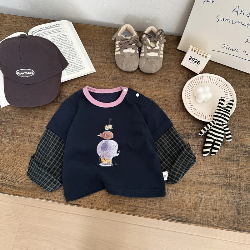 【BABY】ぞうプリント袖チェック切り替え長袖Tシャツ