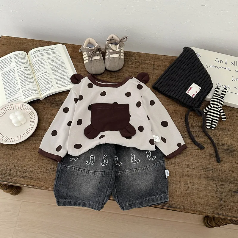 【BABY】ブラウンくま耳ポケットドット柄長袖Tシャツ
