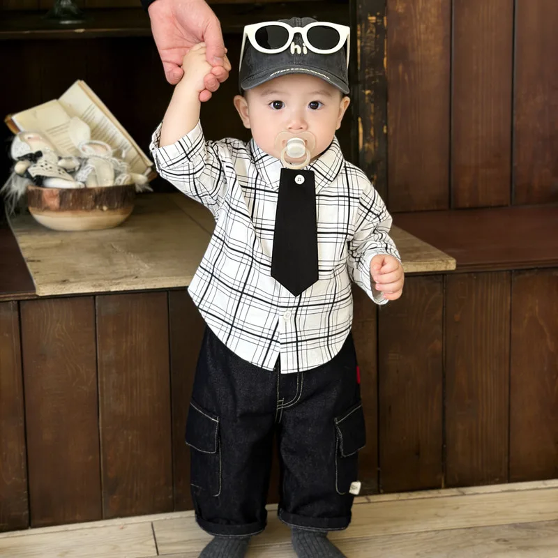 【BABY】襟付きチェック長袖シャツネクタイ付き