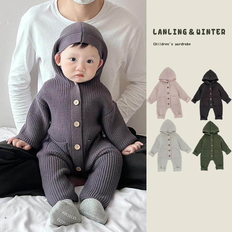 【BABY】前開きリブニットフード付きロンパース