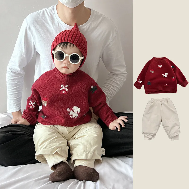 【BABY】レッドツリージャガード長袖ニットトップス